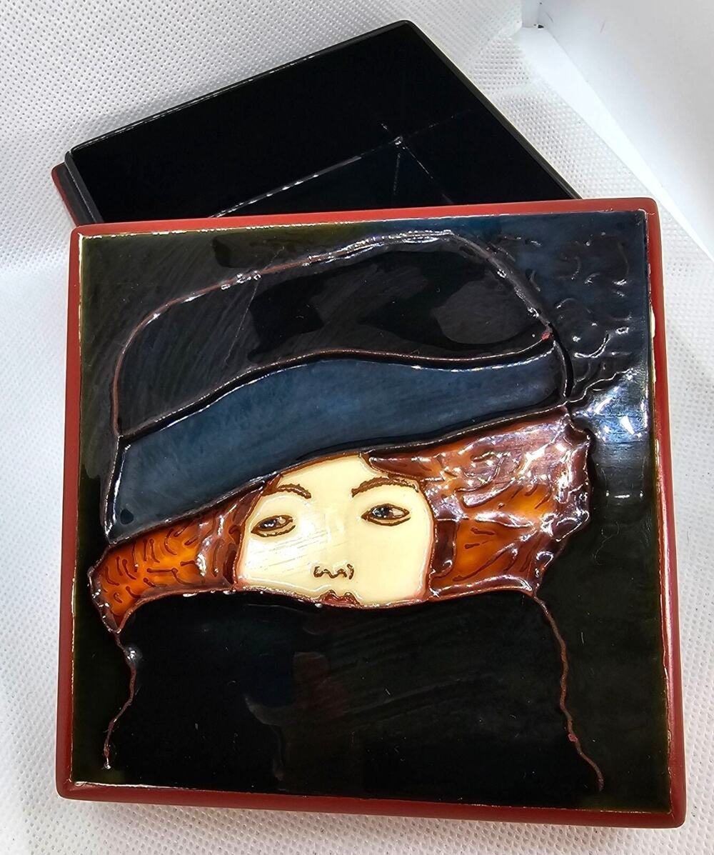Gustav Klimt Lady with Feather Boa Lacquered Trinket Box Vintage Art Jewelry